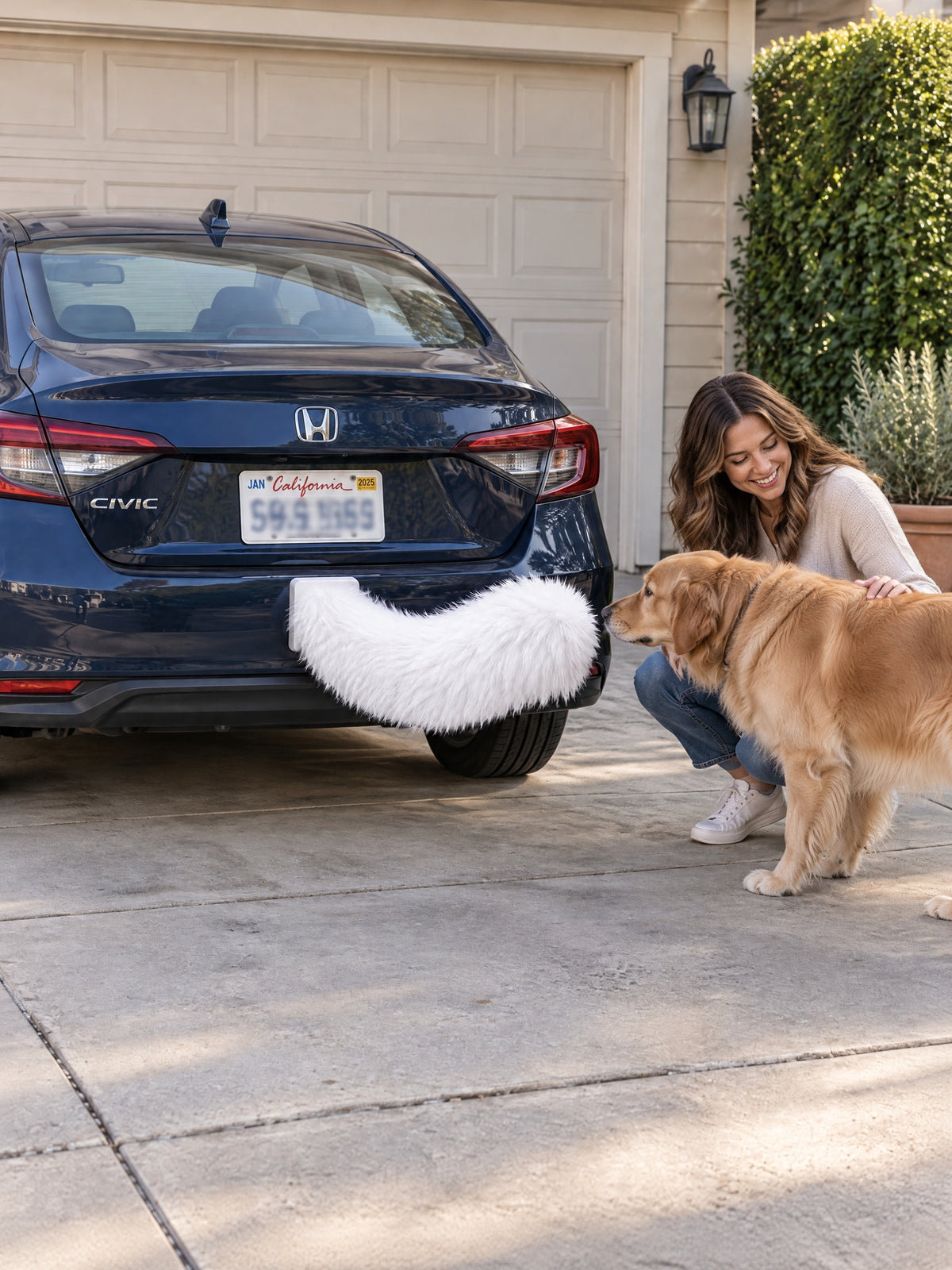All White | Woman crouching beside dog sniffing Wagride tail on navy Honda Civic