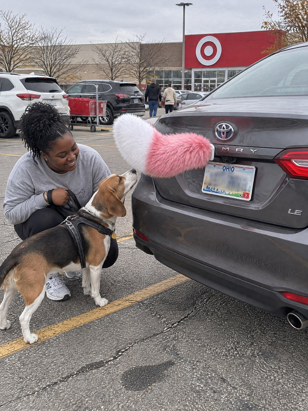 Pink & White | A woman and dog meeting the Wagride tail on the same parked vehicle