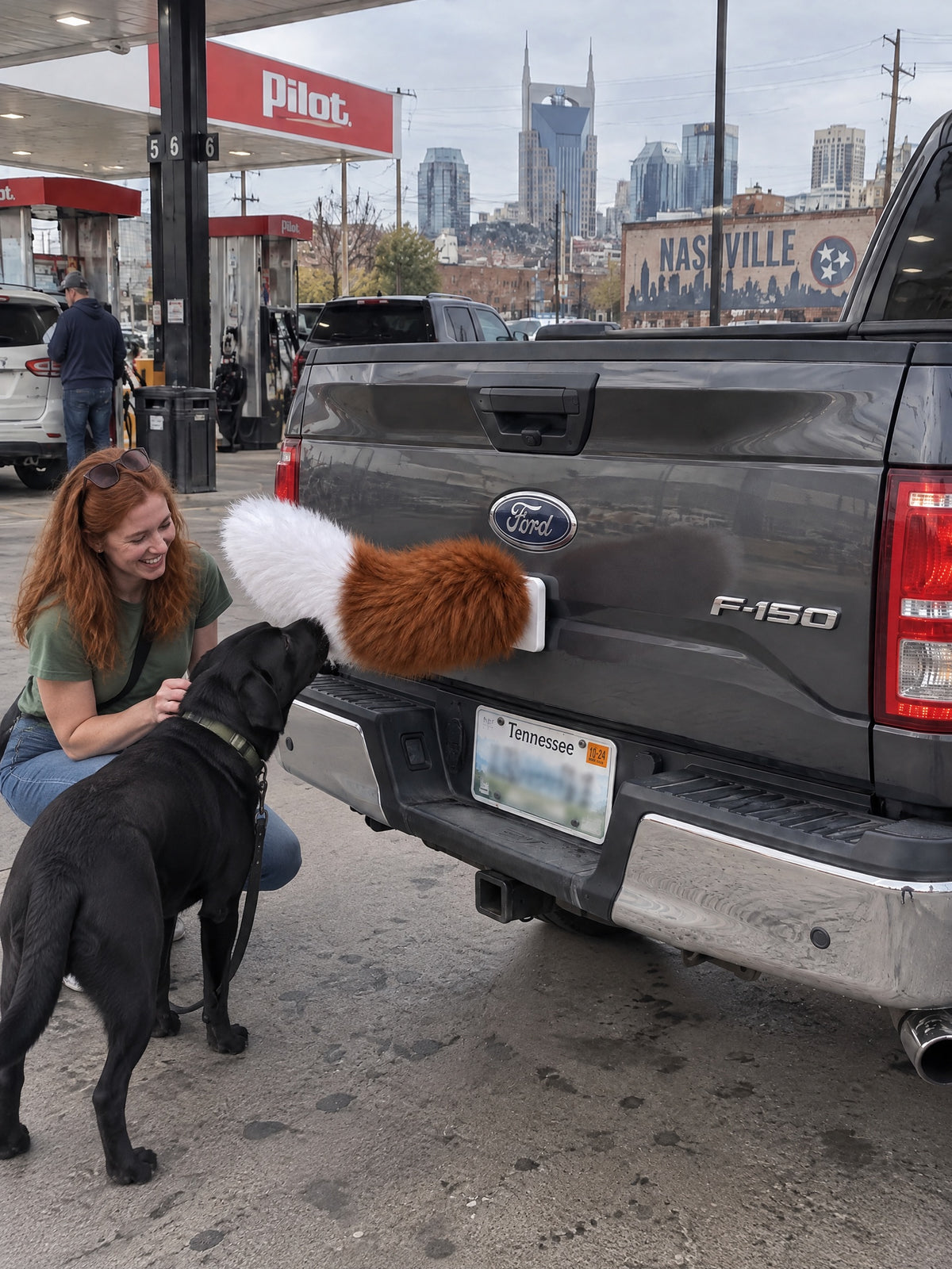 Brown & White | A woman and dog meeting the Wagride tail on the same parked vehicle