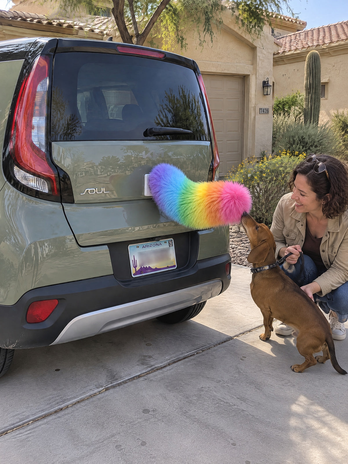 Rainbow | A woman and dog meeting the Wagride tail on the same parked vehicle
