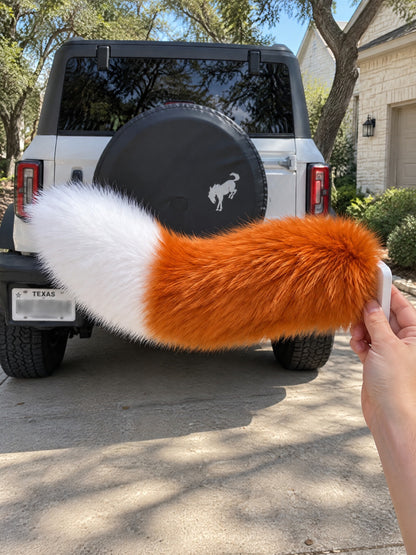 Orange & White | Wagride tail held in a hand in a parking lot