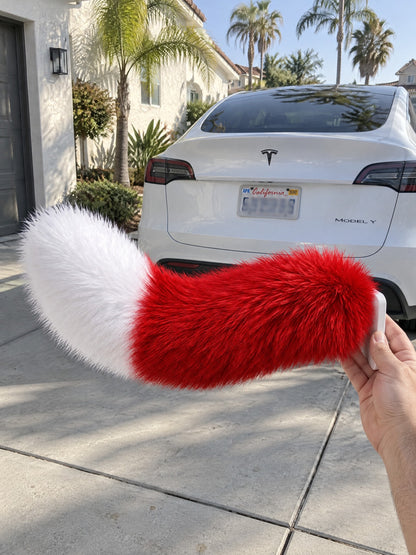 Red & White | Wagride tail held in a hand in a parking lot