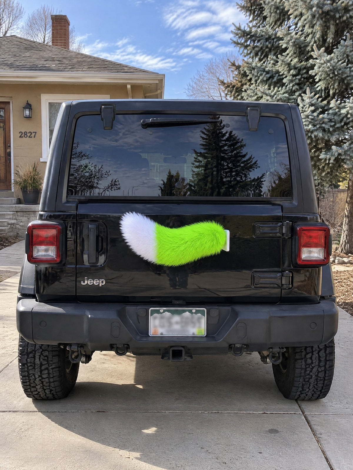 Neon Green & White | Wagride tail mounted at the rear of a parked car