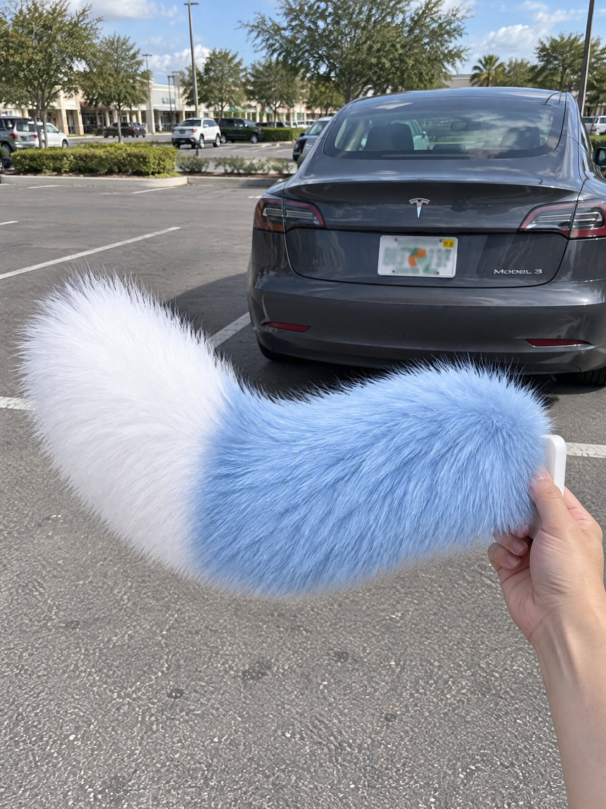 Sky Blue & White | Wagride tail held in a hand in a parking lot