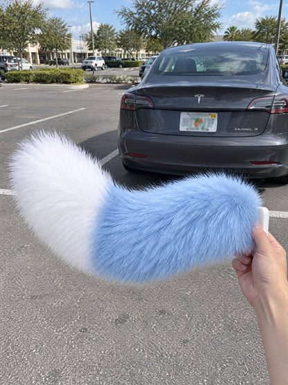 Sky Blue & White | Wagride tail held in a hand in a parking lot