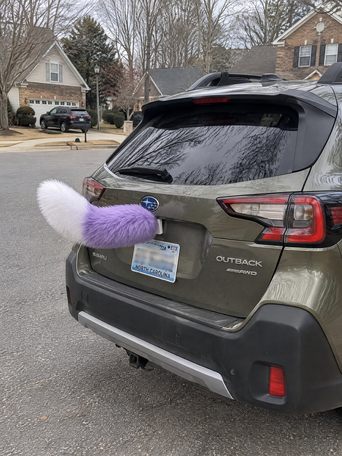 Purple & White | Wagride tail mounted at the rear of a parked car