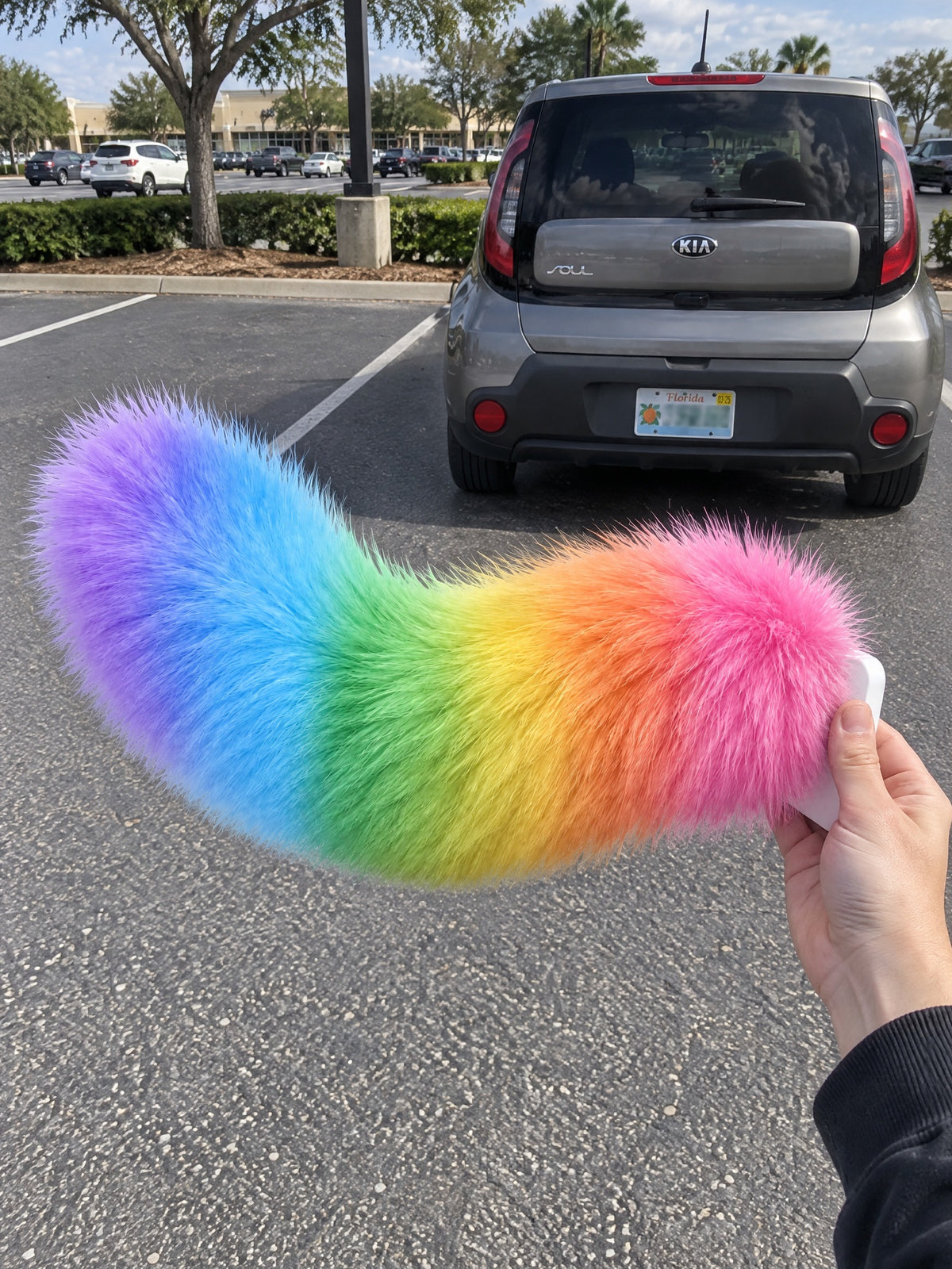 Rainbow | Wagride tail held in a hand in a parking lot
