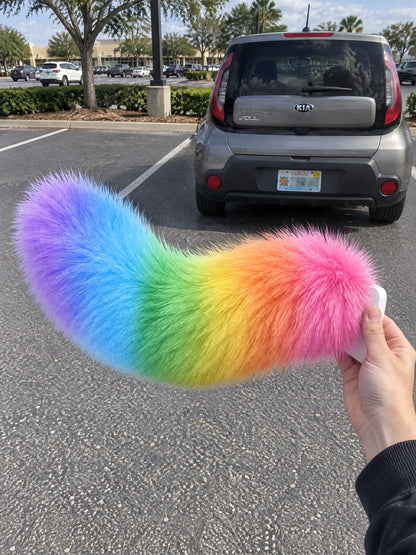Rainbow | Wagride tail held in a hand in a parking lot